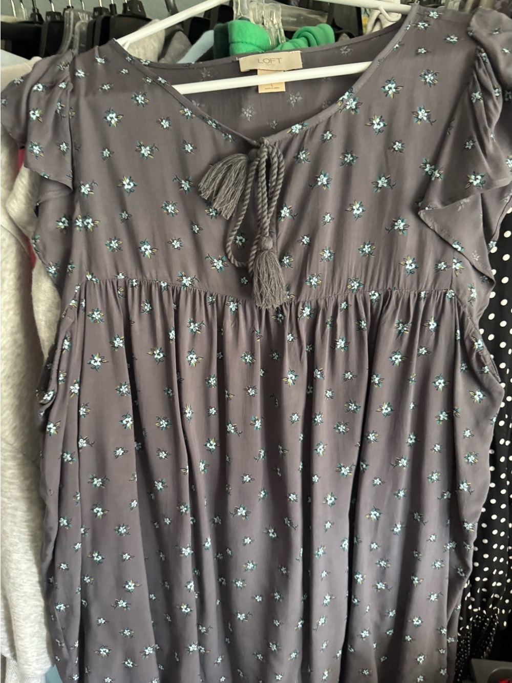 LOFT Grey Floral Tassel Detail top